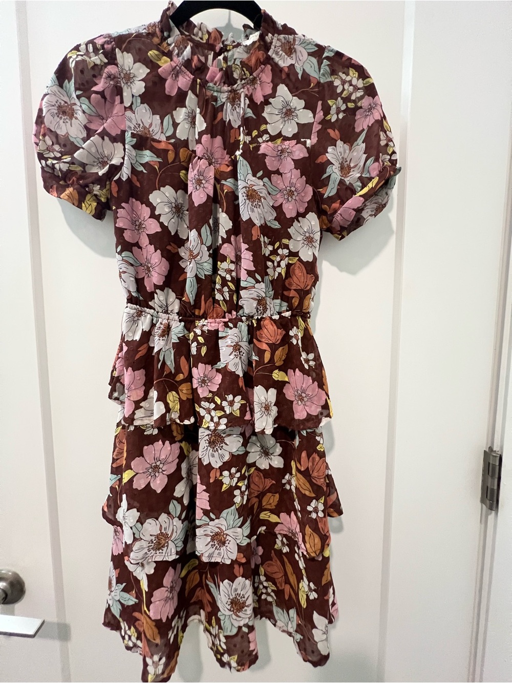 Monteau Brown Dress with Pink, White & Blue Floral Print